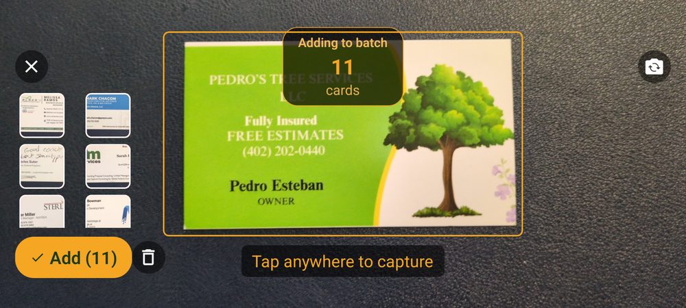 Grove camera batching 11 business cards in a single capture session
