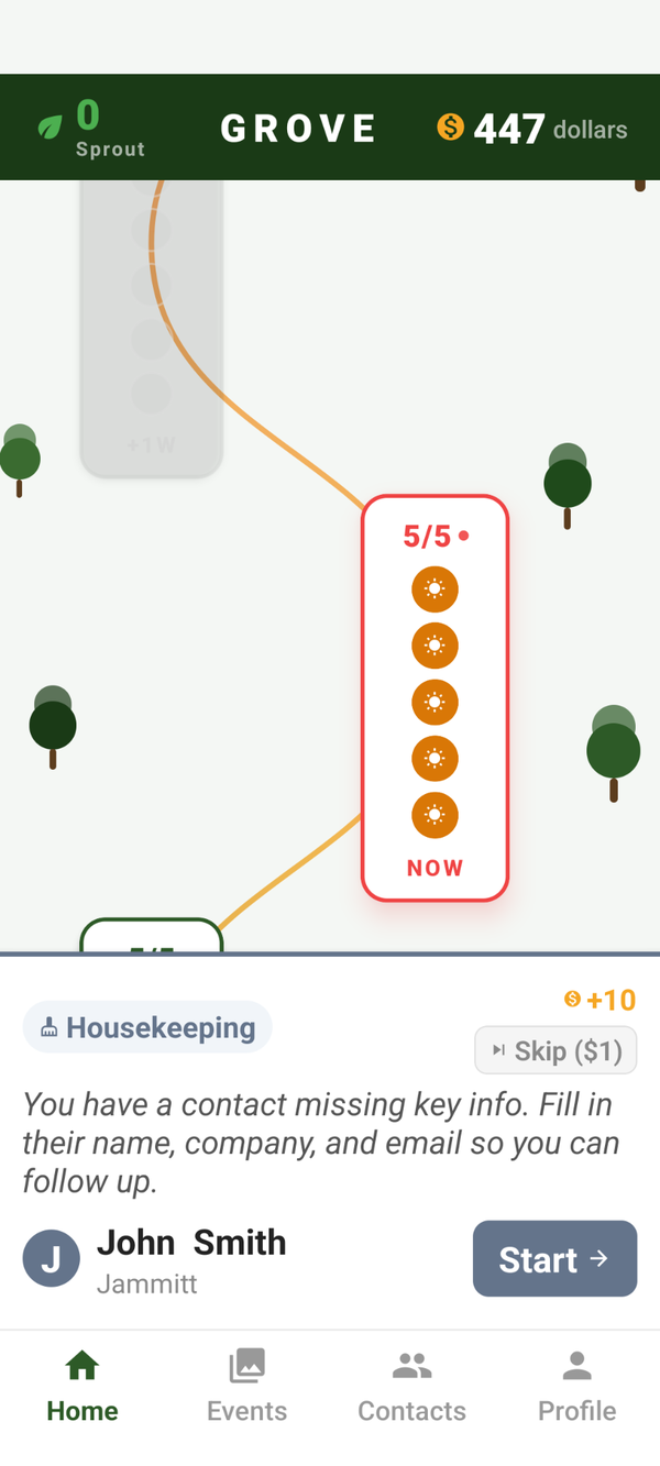 Grove daily mission map showing follow-up tasks for contacts
