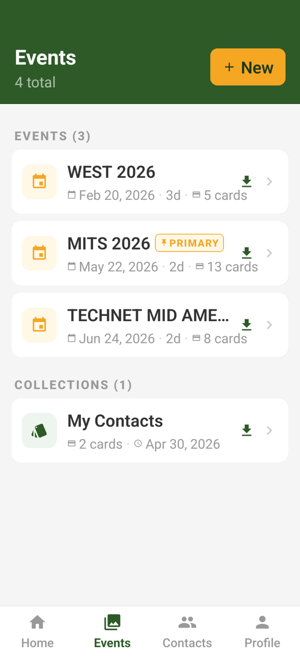 Grove events list with WEST 2026, MITS 2026, and TECHNET conferences