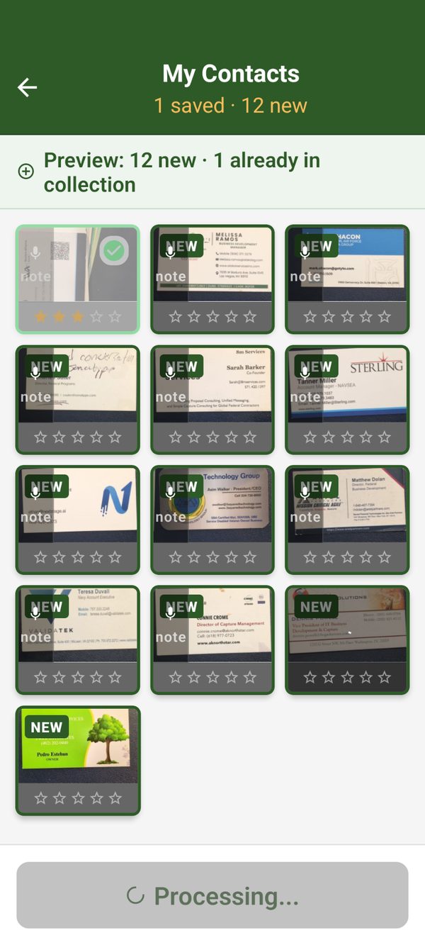 Grove showing 12 newly captured business cards being processed